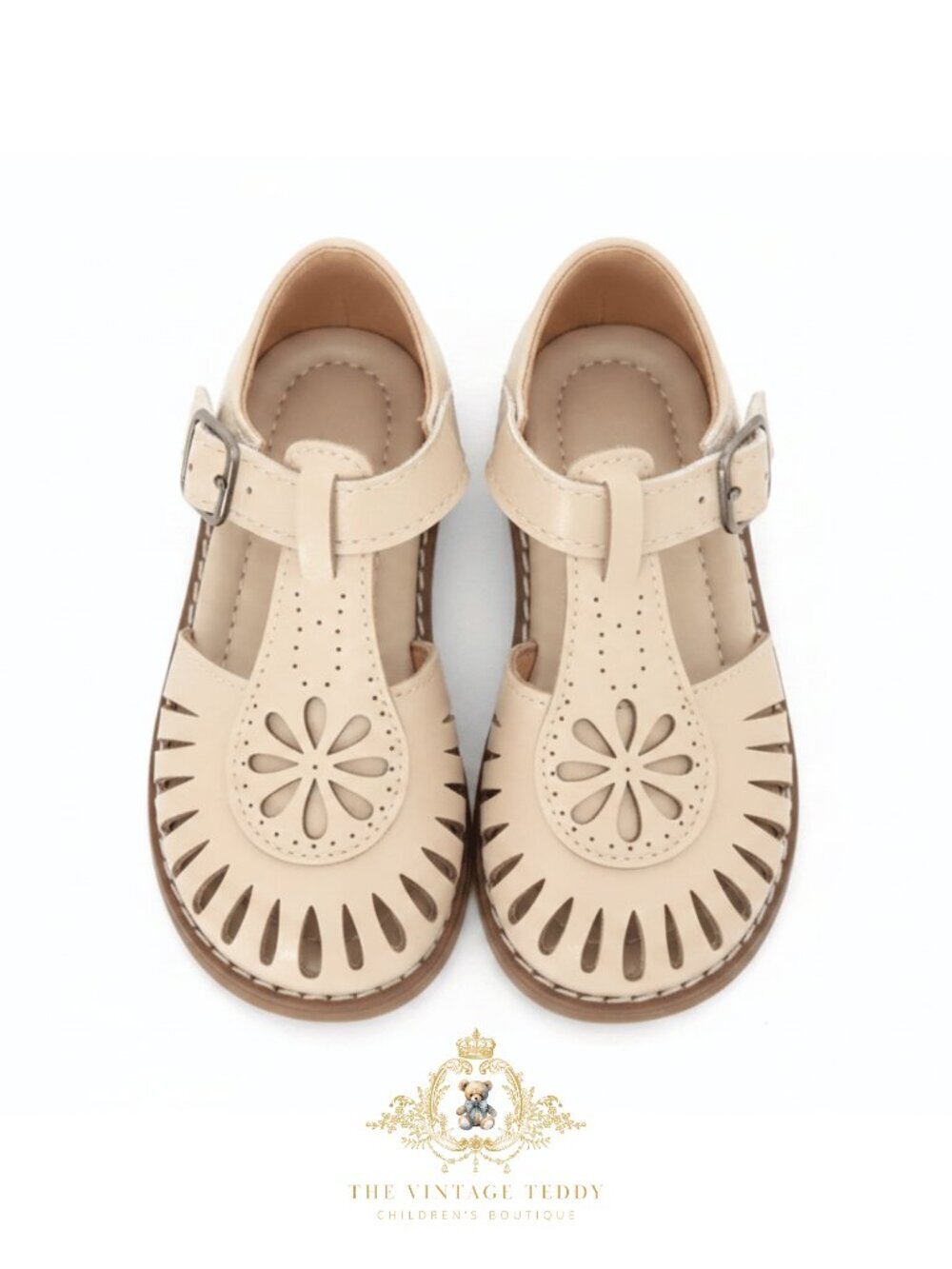 NWT Cute Girls Daisy Cutout T-Strap Sandals Children's Shoes Vanilla Cream 1 - Picture 2 of 3